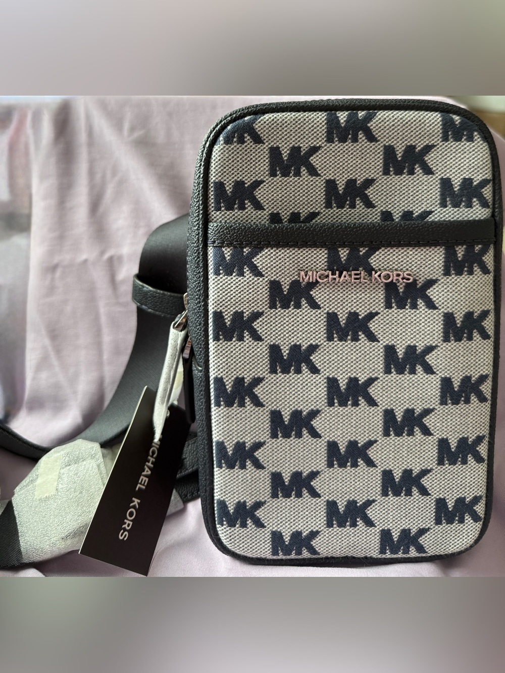 Michael Kors NWT MK Monogram Sling Bag Backpack Navy and Cream
